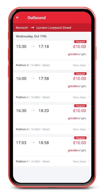 A list of times and prices displayed on the Greater Anglia app.