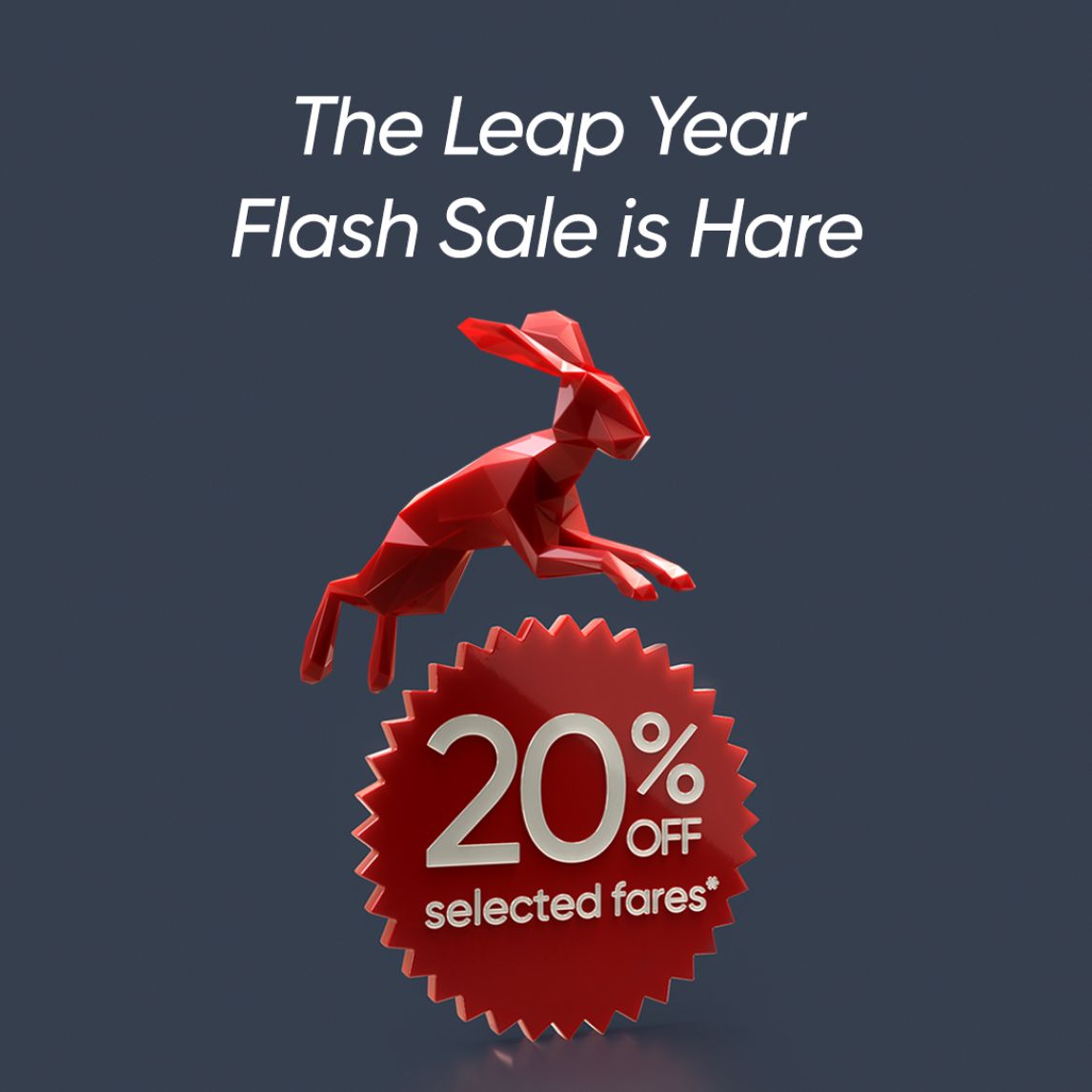 Hare leaping over 20% off selected fares sign