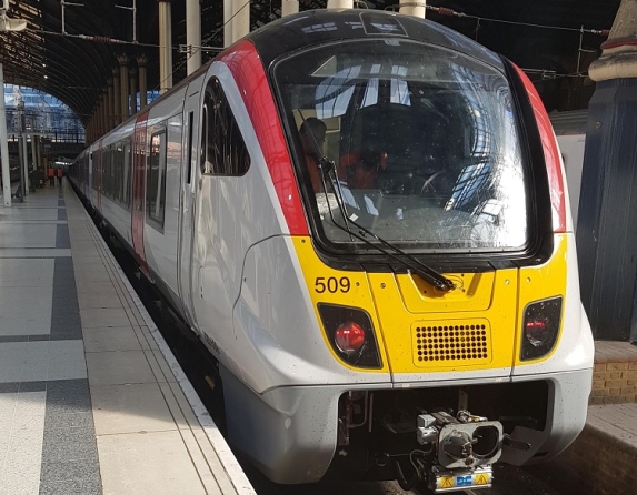 bombadier train at Liverpool Street station