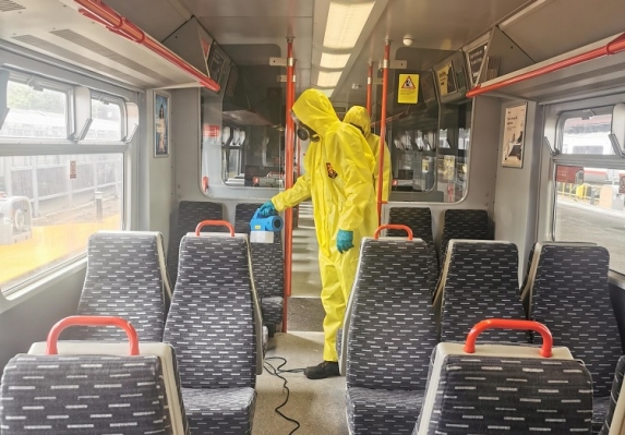 fogging gun being used inside a train