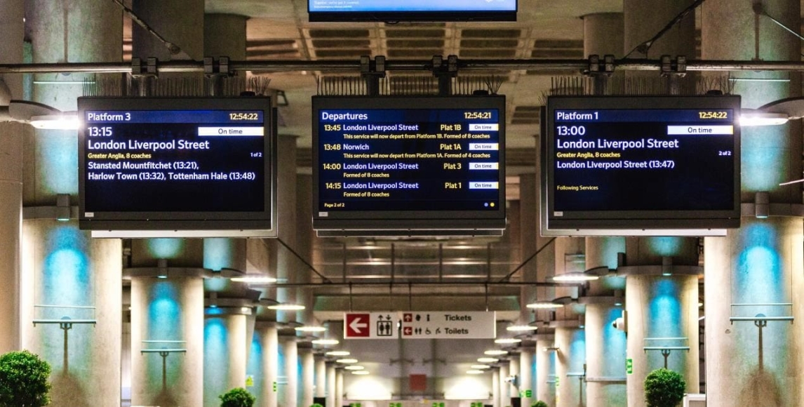 Electronic train times notice board 