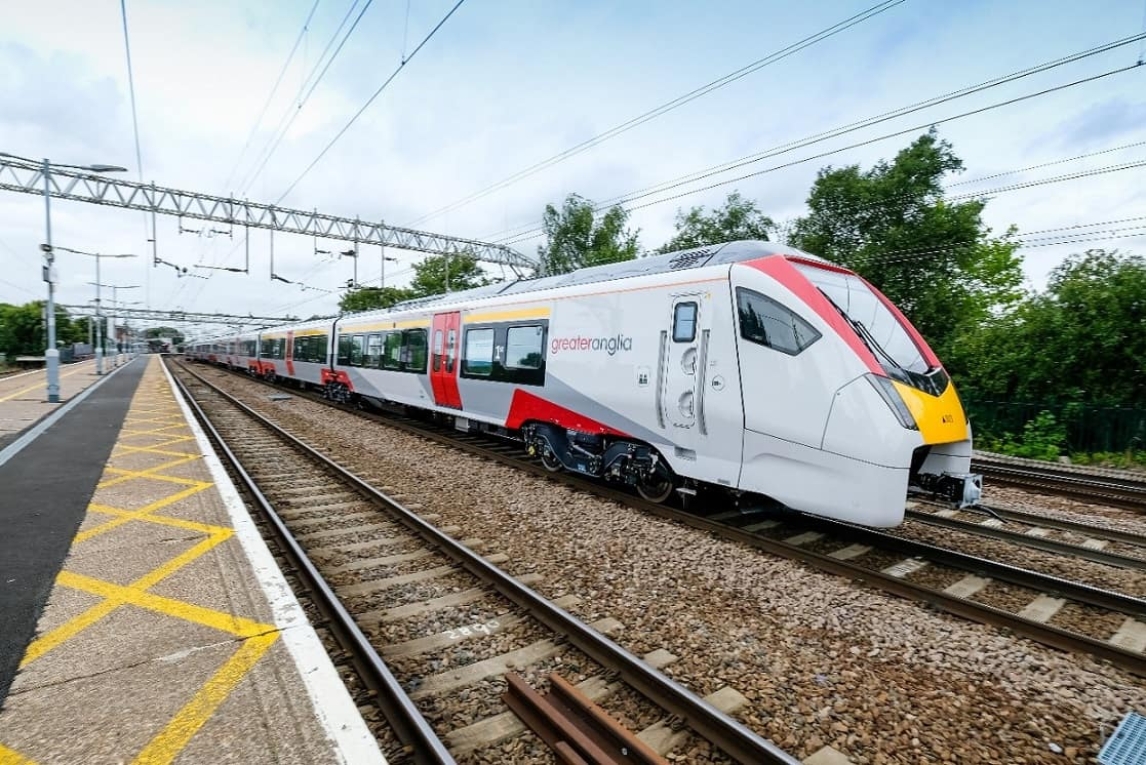 Greater Anglia train on train tracks 