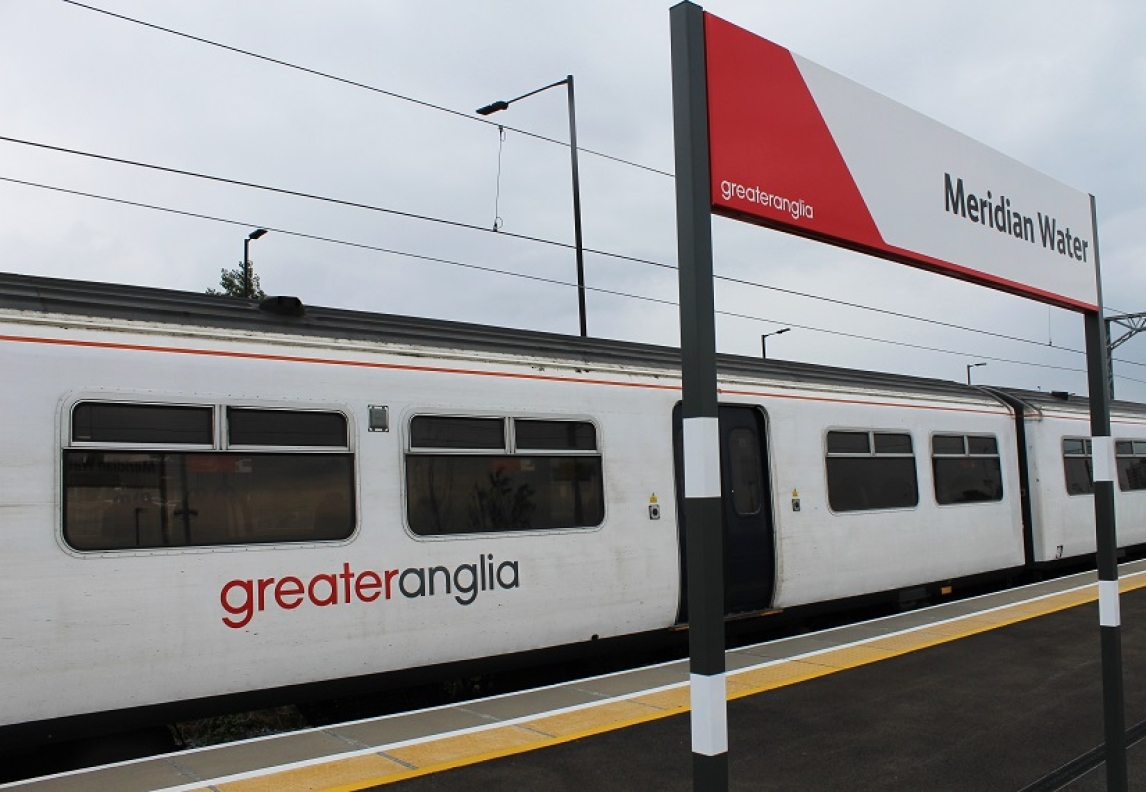 A train at Meridian Water railway station