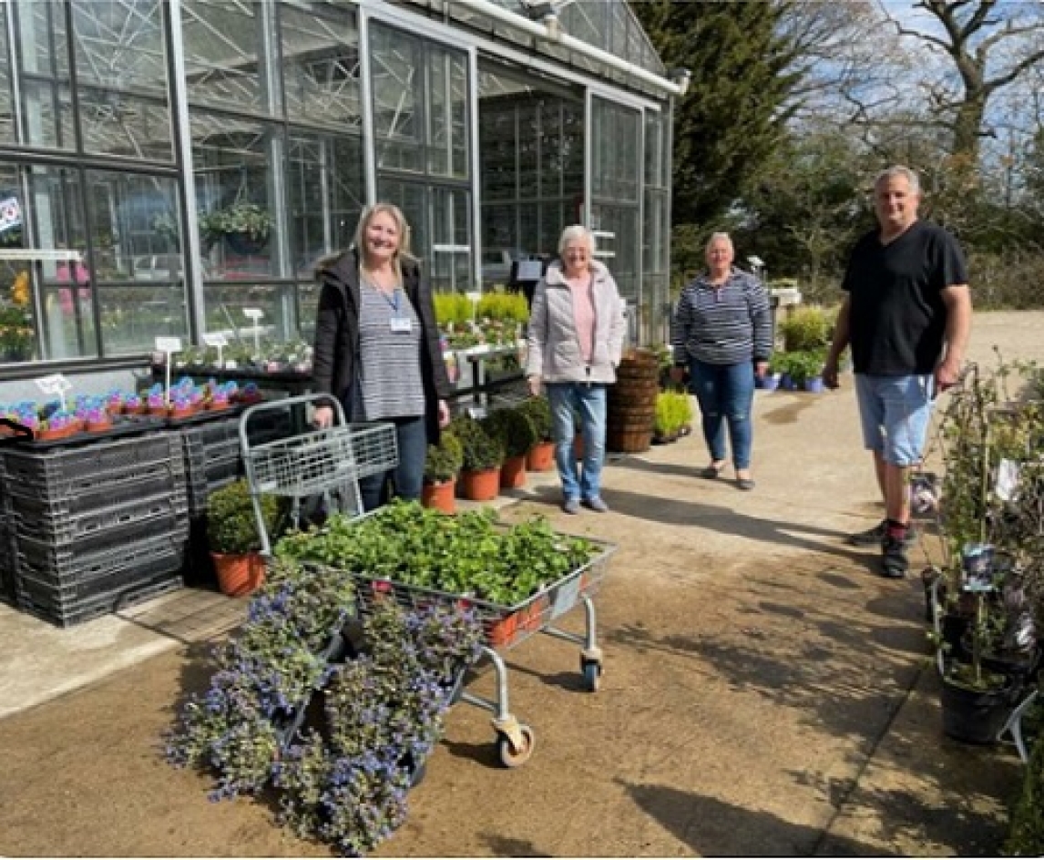 Left - Right: Tracy Godden, CEO of Forget Me Not Cafe, Iris Perez, volunteer, Maureen Jackson Webb, volunteer, and Shane Harnett at A.E Harnett &amp; Sons Nursery, Stock.