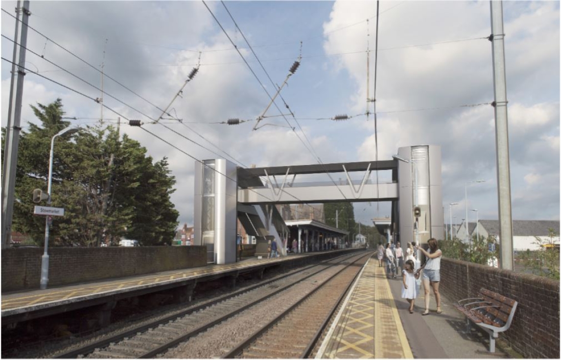 Artist's impressions of the new AVA footbridge and lifts at Stowmarket rail station