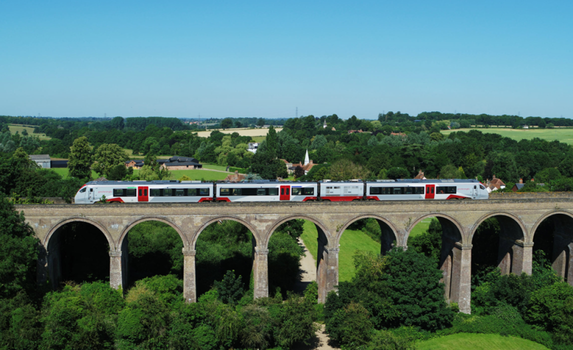 Greater Anglia train passing Chappel Viaduct on the Marks Tey - Sudbury line